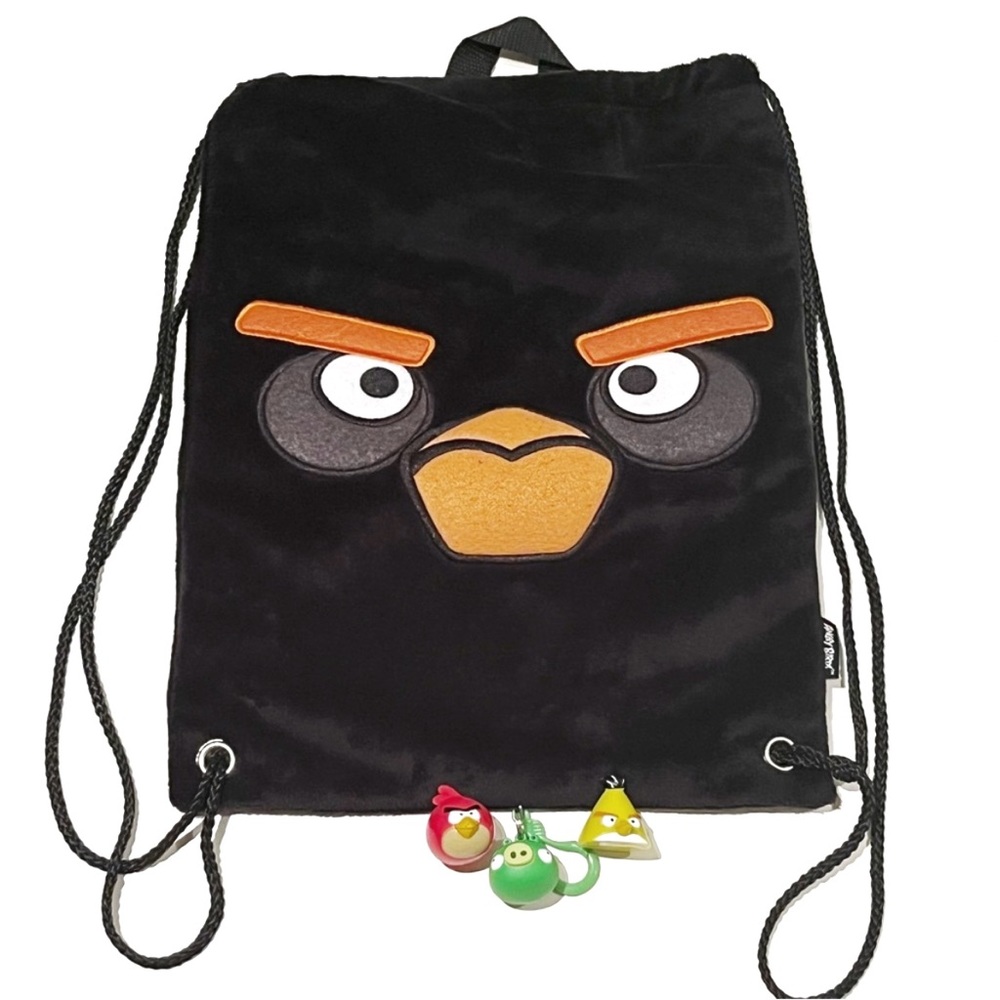 Rovio Angry Birds Black Bird Drawstring Plush Backpack Fluffy Plus Three Figures